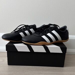 adidas Women's Black Sneakers with White Stripes and Tan Sole